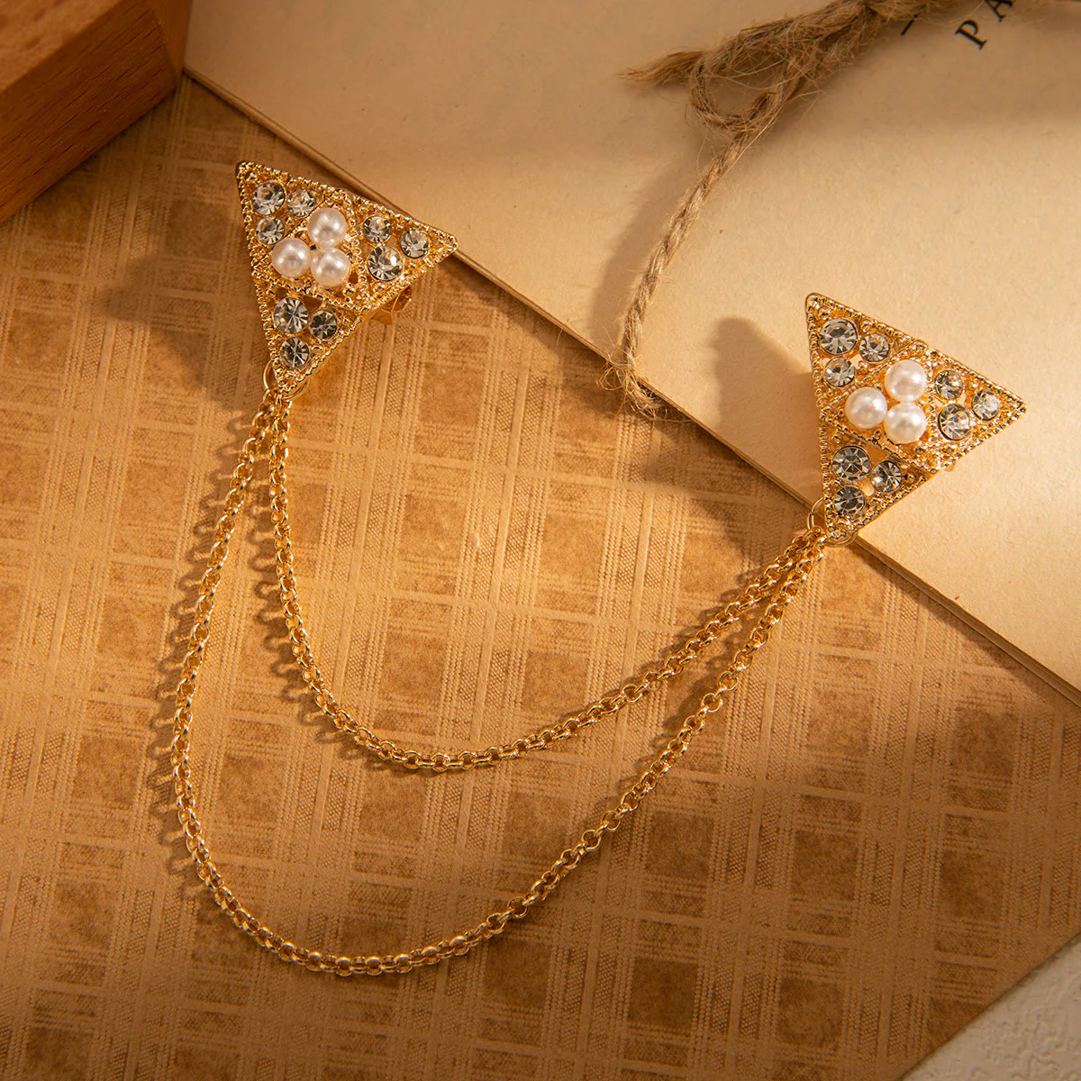Triangle Pearl and Crystal Chain Brooch