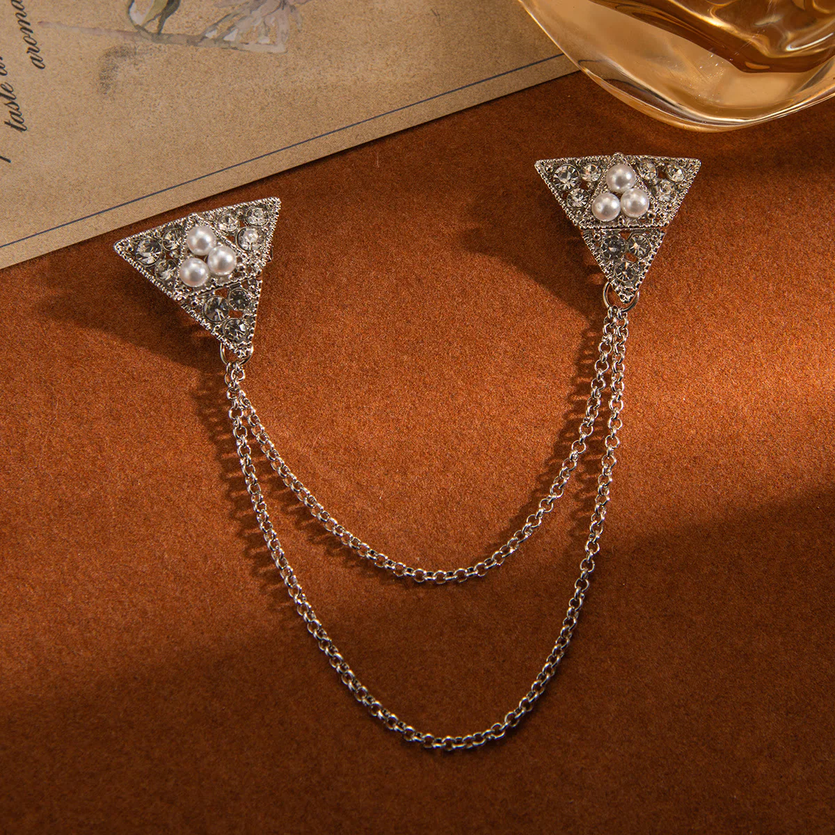 Triangle Pearl and Crystal Chain Brooch - Image 6