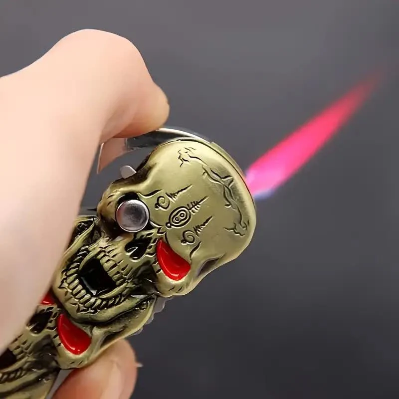 Triple Skull Head Refillable Butane Lighter With Knife - Image 4