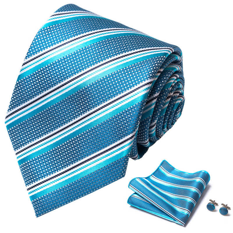 Turquoise & Aqua Blue 3Pcs Men's Striped Necktie Set - Image 2