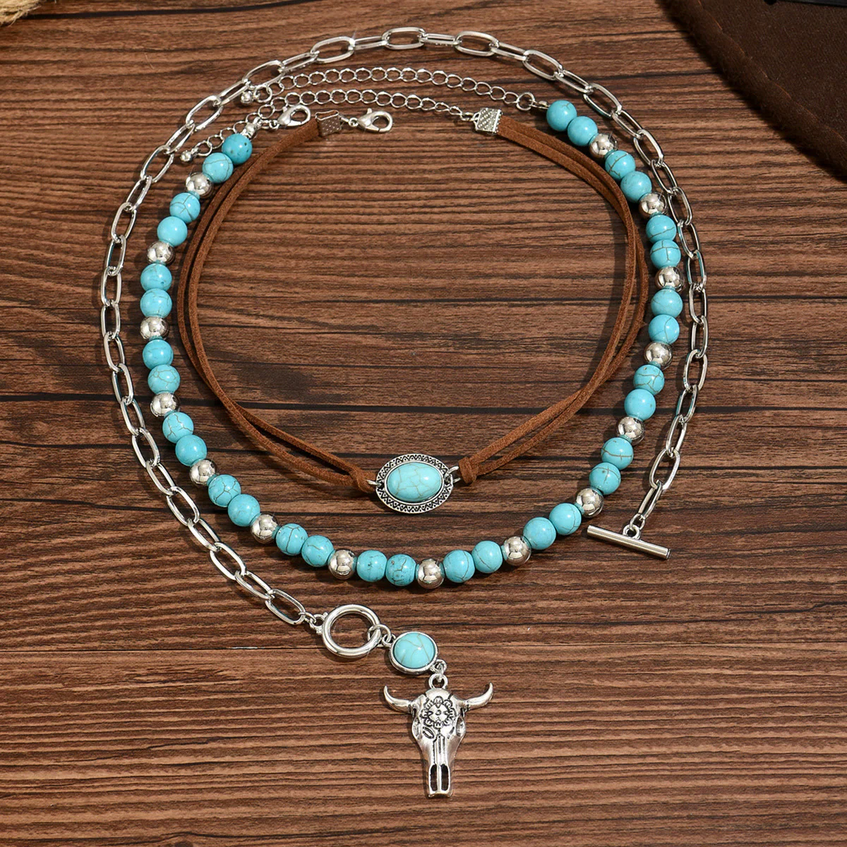 Turquoise Bead With Silver Cow Skull Pendant Western Style Necklace