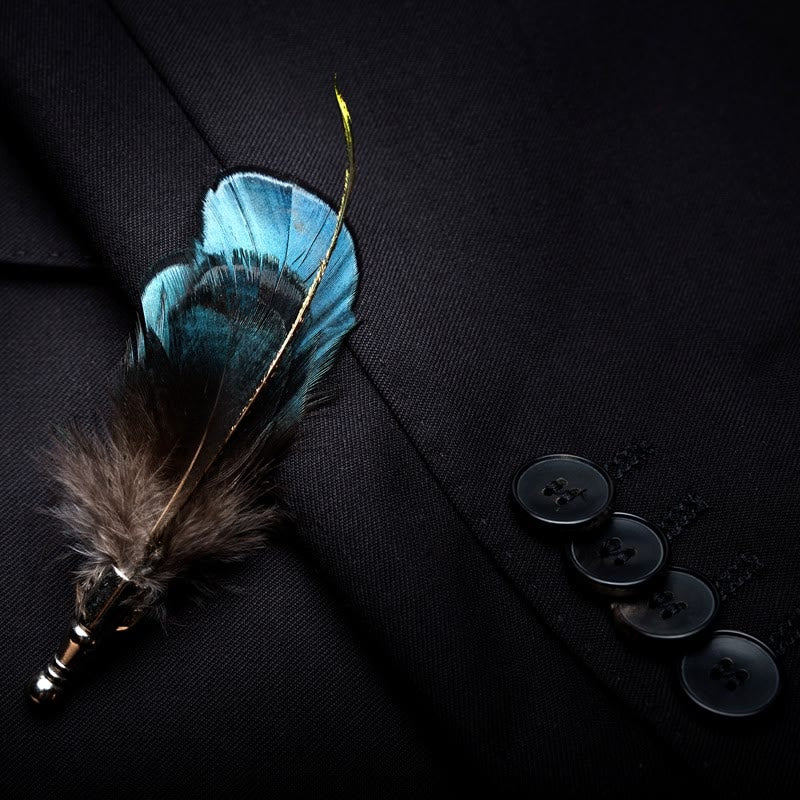 Turquoise & Black Feather Bow Tie with Lapel Pin - Image 3