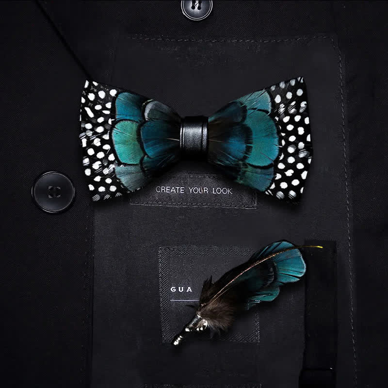 Turquoise & Black Feather Bow Tie with Lapel Pin - Image 5
