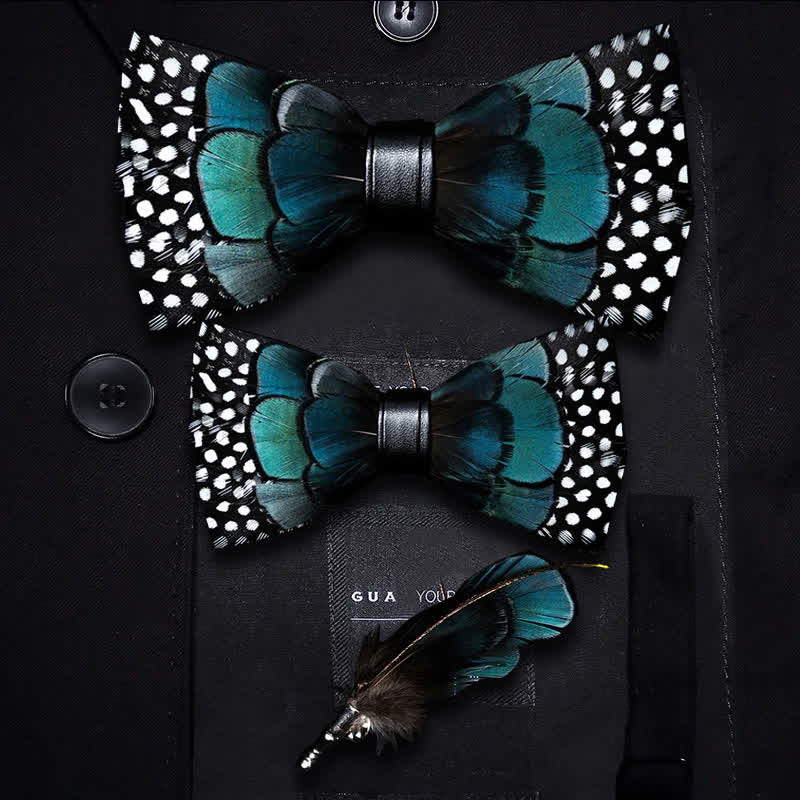 Turquoise & Black Feather Bow Tie with Lapel Pin - Image 6