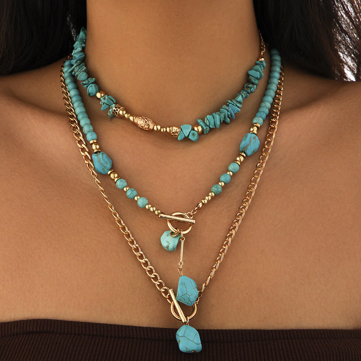 Turquoise Chip Gold Chain Multi Layer Y Drop Necklace