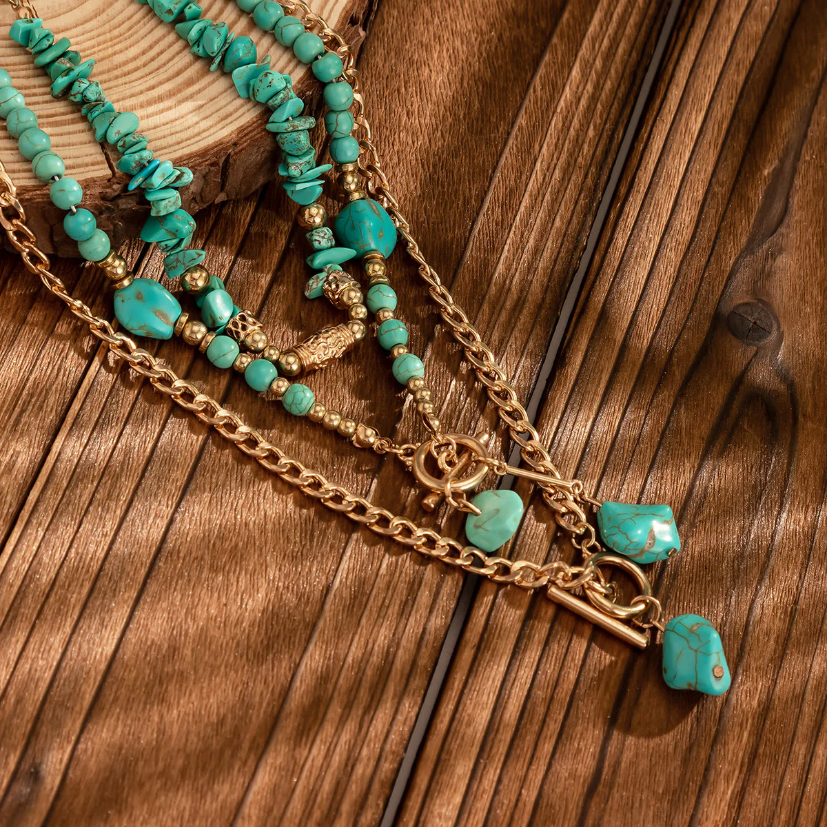 Turquoise Chip Gold Chain Multi Layer Y Drop Necklace - Image 2