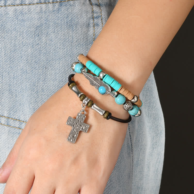 Turquoise Cross Feather Layered Leather Bracelet - Image 2