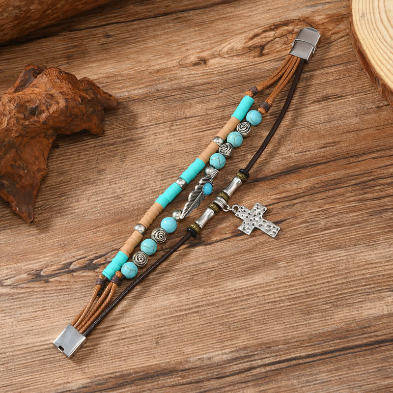 Turquoise Cross Feather Layered Leather Bracelet - Image 3