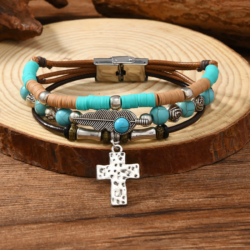 Turquoise Cross Feather Layered Leather Bracelet - Image 4