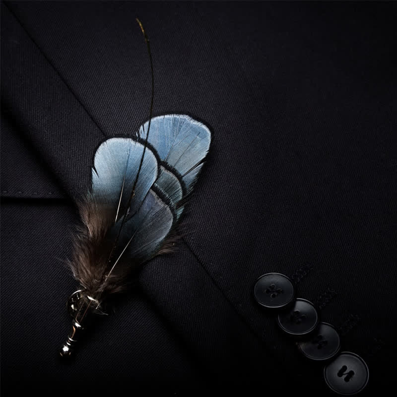 Dark Blue Luxury Natural Feather Bow Tie with Lapel Pin - Image 4
