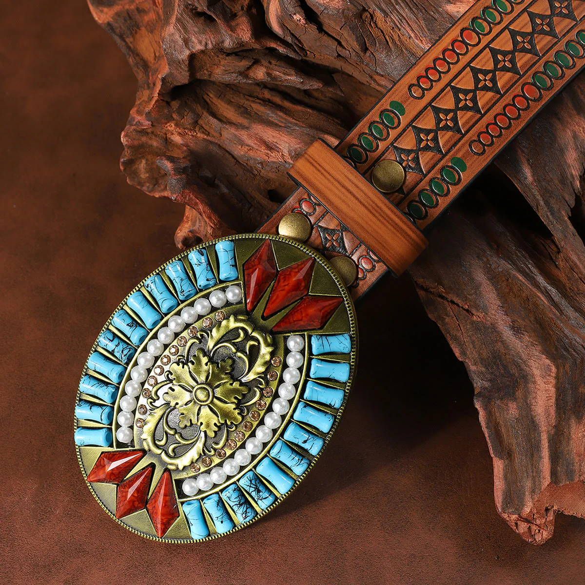 Turquoise Pearl Red Gem Retro Pattern Buckle Floral Embossed Leather Belt - Image 3