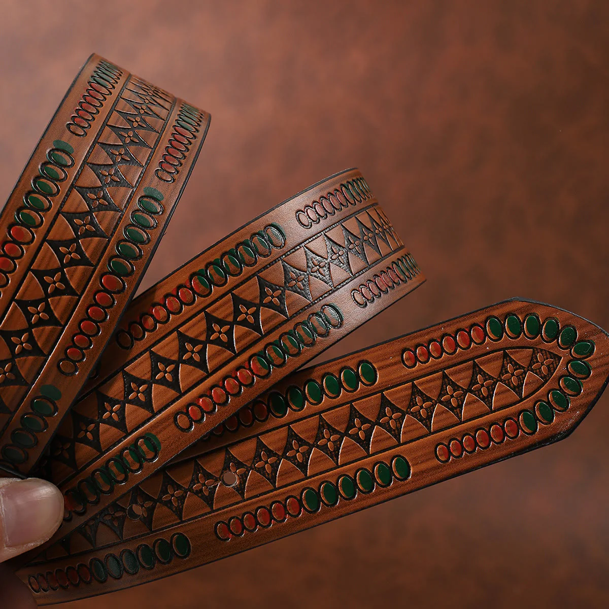 Turquoise Pearl Red Gem Retro Pattern Buckle Floral Embossed Leather Belt - Image 4