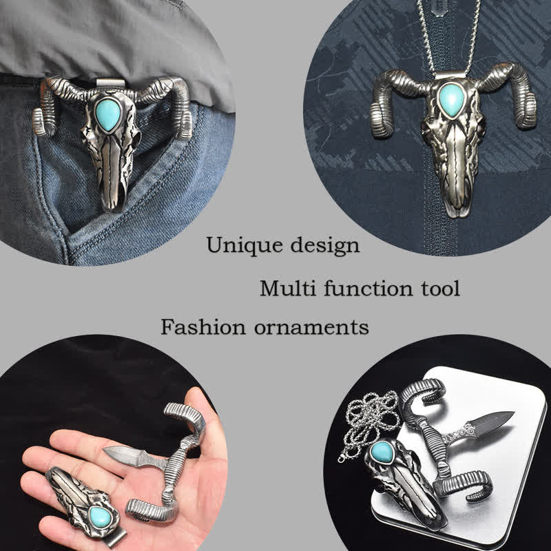 Turquoise Skull Sheep D2 Stainless Steel Knife Pendant Belt Buckle (Pre-Sale) - Image 4