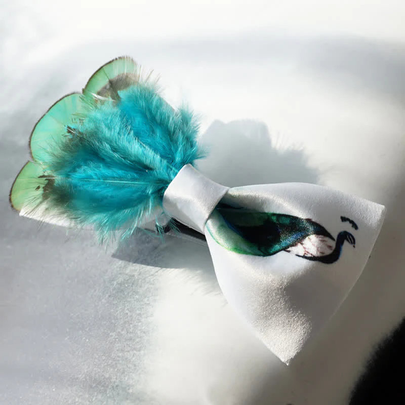 Turquoise & White Peacock Tail Feather Bow Tie - Image 2