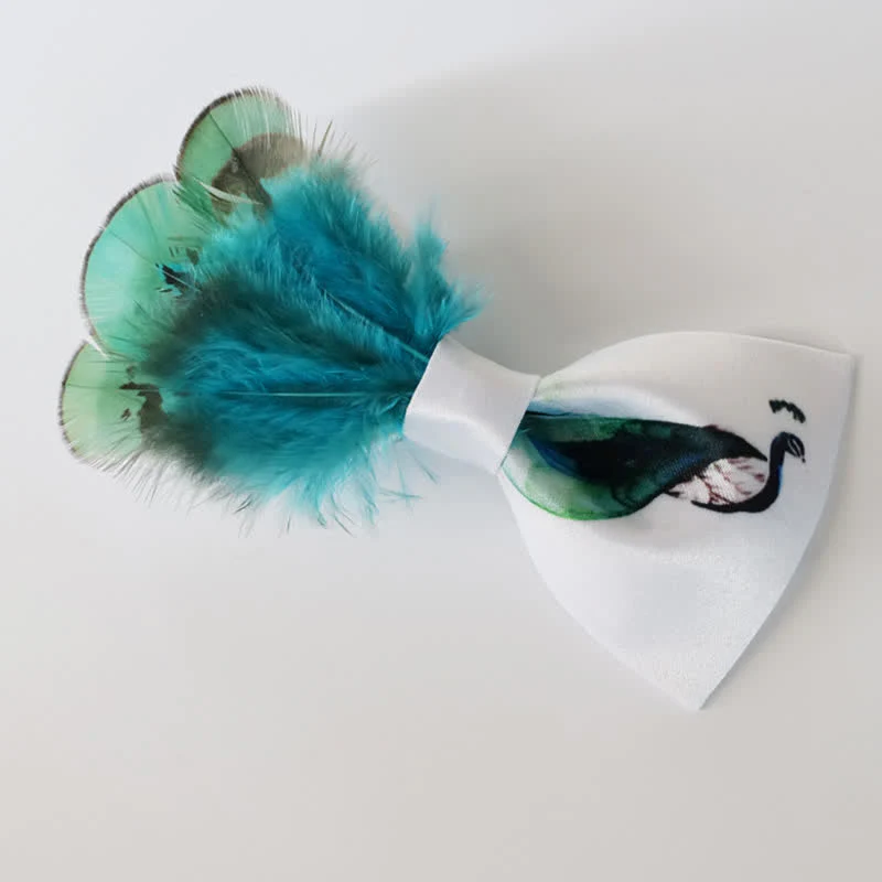 Turquoise & White Peacock Tail Feather Bow Tie - Image 3