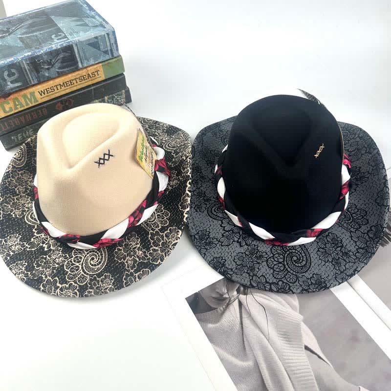 Two Tone Daisy Feather Decor Ethnic Strap Cowboy Hat - Image 2