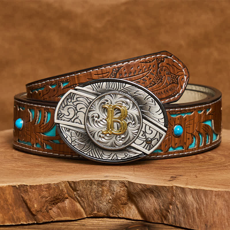Two-Tone Initial Letter DIY Hidden Knife Buckle Leather Belt - Image 5