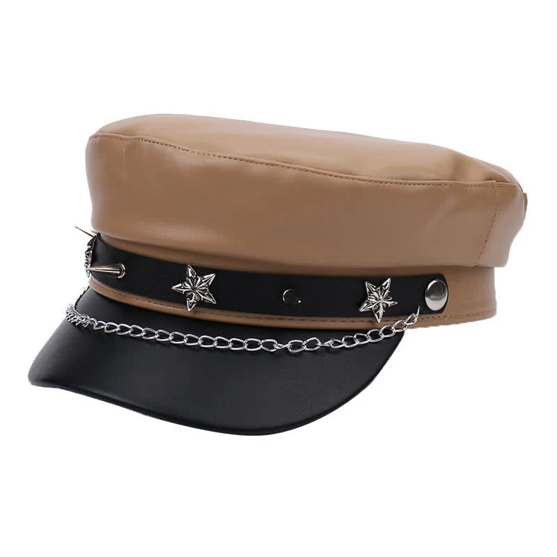 Two-Tone Star Studs Leather Beret Hat With Chain