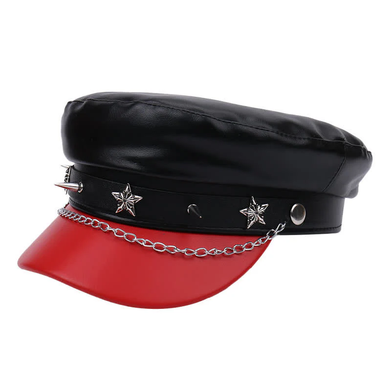 Two-Tone Star Studs Leather Beret Hat With Chain - Image 10