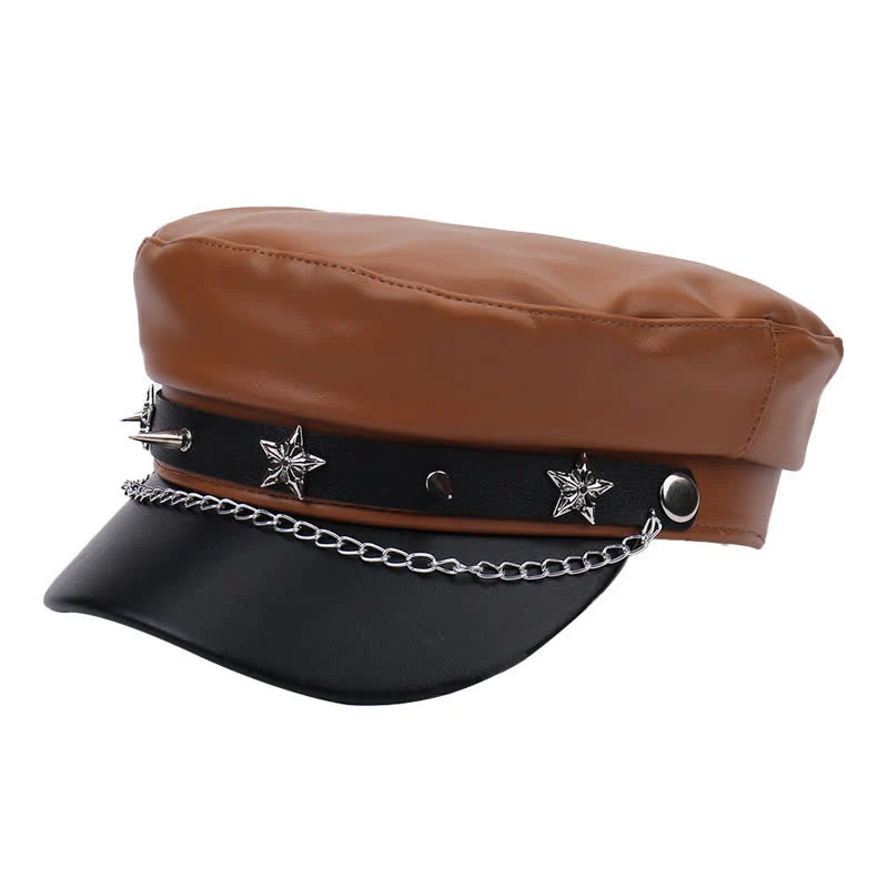 Two-Tone Star Studs Leather Beret Hat With Chain - Image 11