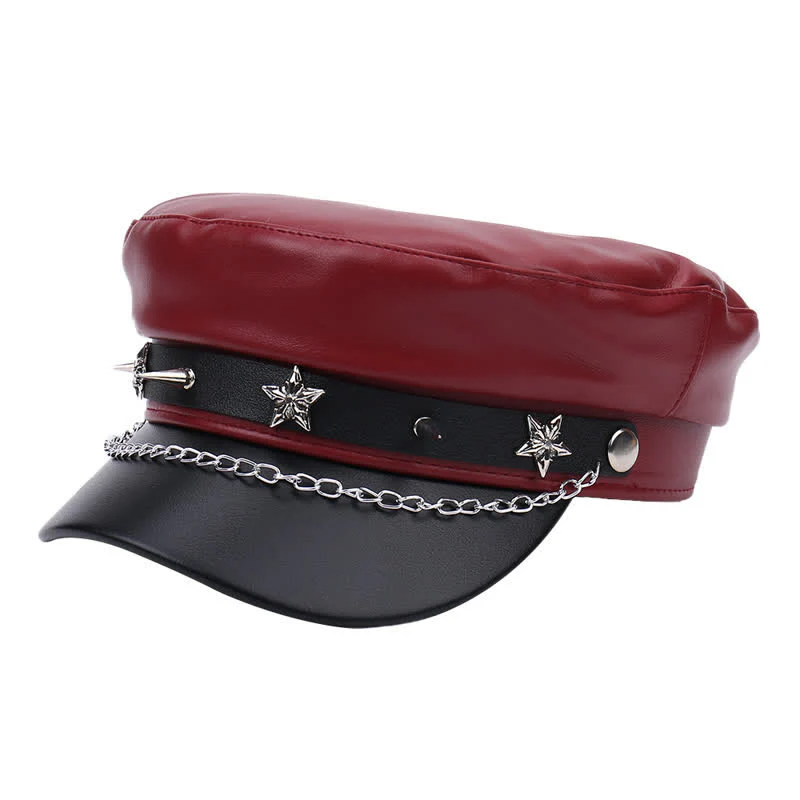 Two-Tone Star Studs Leather Beret Hat With Chain - Image 12