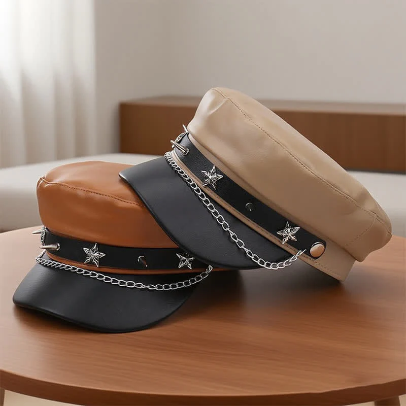 Two-Tone Star Studs Leather Beret Hat With Chain - Image 2