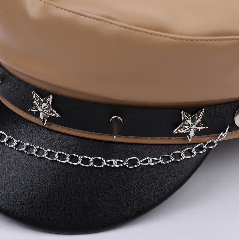 Two-Tone Star Studs Leather Beret Hat With Chain - Image 3