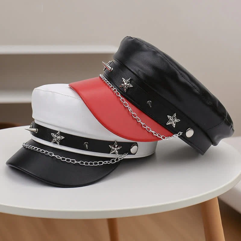Two-Tone Star Studs Leather Beret Hat With Chain - Image 7