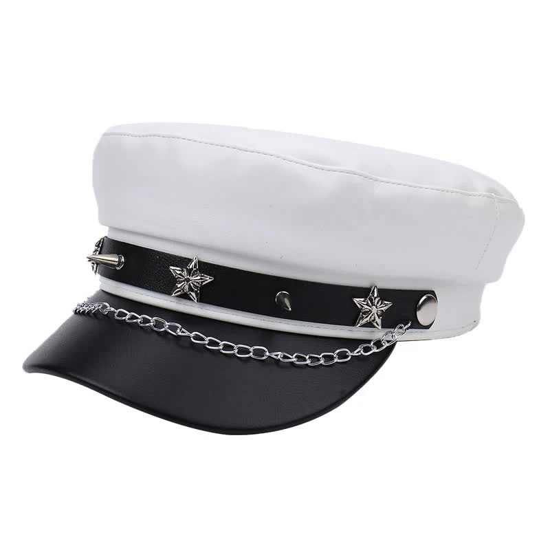 Two-Tone Star Studs Leather Beret Hat With Chain - Image 8