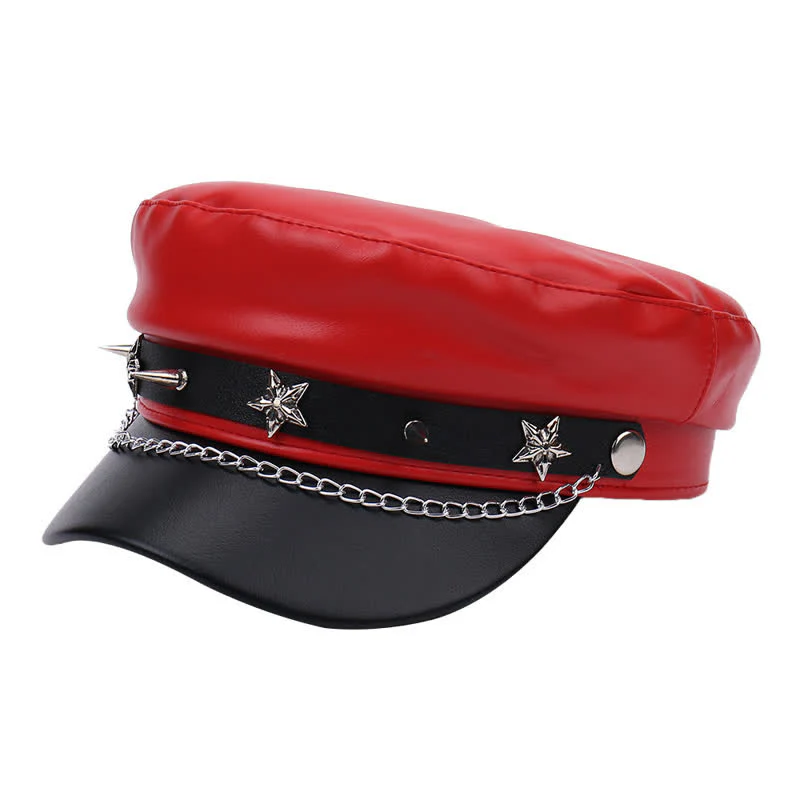 Two-Tone Star Studs Leather Beret Hat With Chain - Image 9