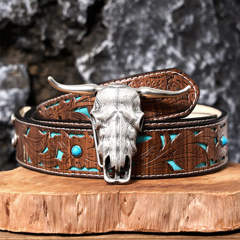 Unique Longhorn Head DIY Hidden Knife Silver Buckle Leather Belt - Image 11