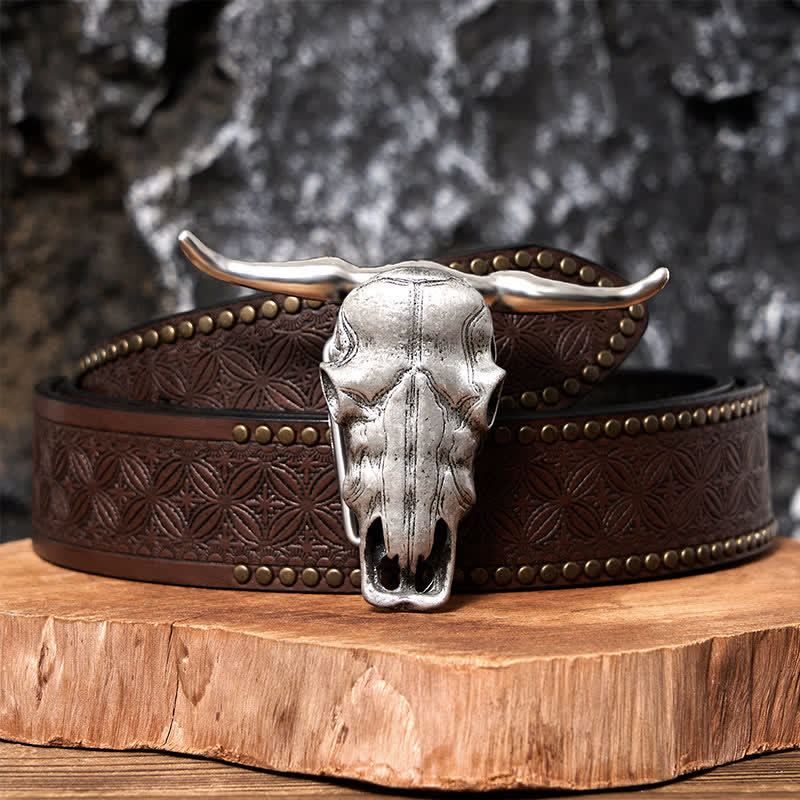 Unique Longhorn Head DIY Hidden Knife Silver Buckle Leather Belt - Image 12