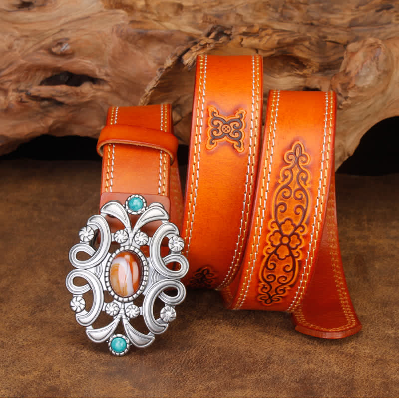 Unisex Agate Stone Turquoise Hollow Flower Leather Belt - Image 10