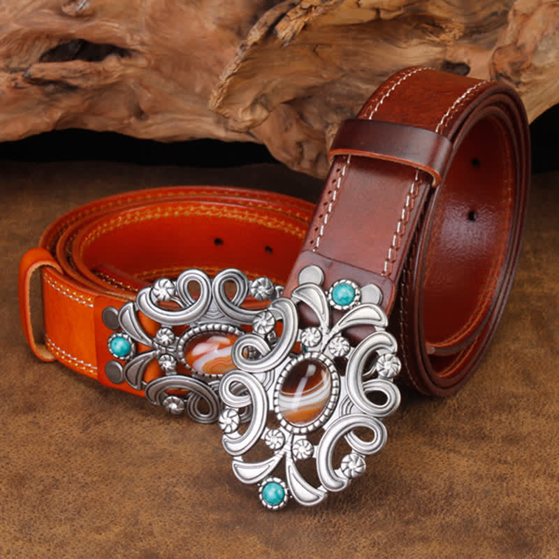 Unisex Agate Stone Turquoise Hollow Flower Leather Belt - Image 2