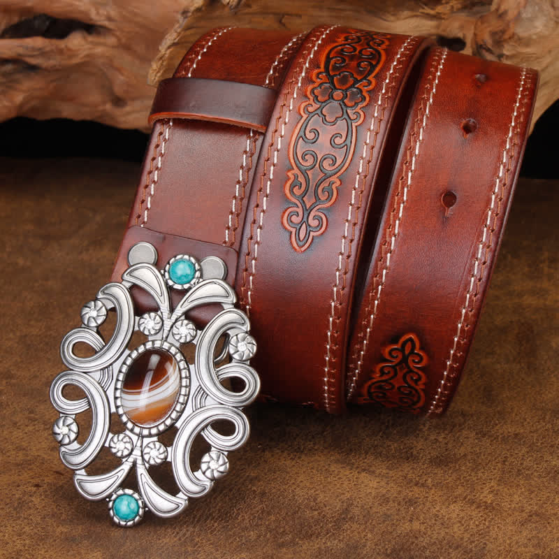 Unisex Agate Stone Turquoise Hollow Flower Leather Belt - Image 3