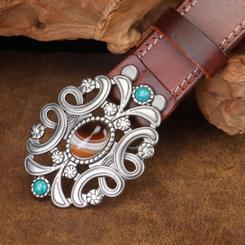 Unisex Agate Stone Turquoise Hollow Flower Leather Belt - Image 4