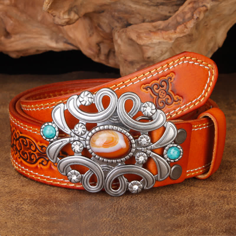 Unisex Agate Stone Turquoise Hollow Flower Leather Belt - Image 8