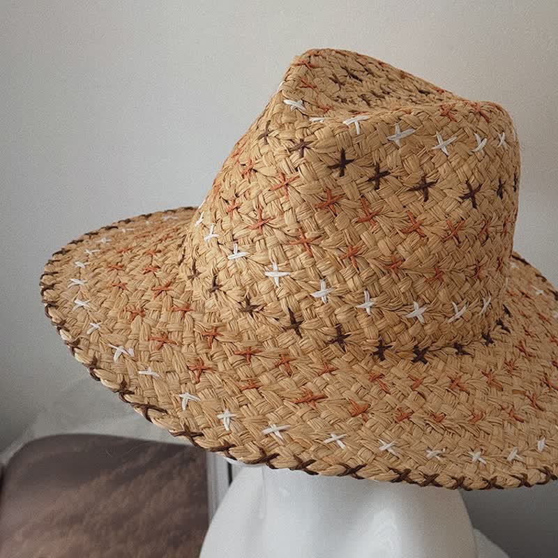 Unisex Breathable Flat Top Large Eaves Straw Fedora Hat - Image 3