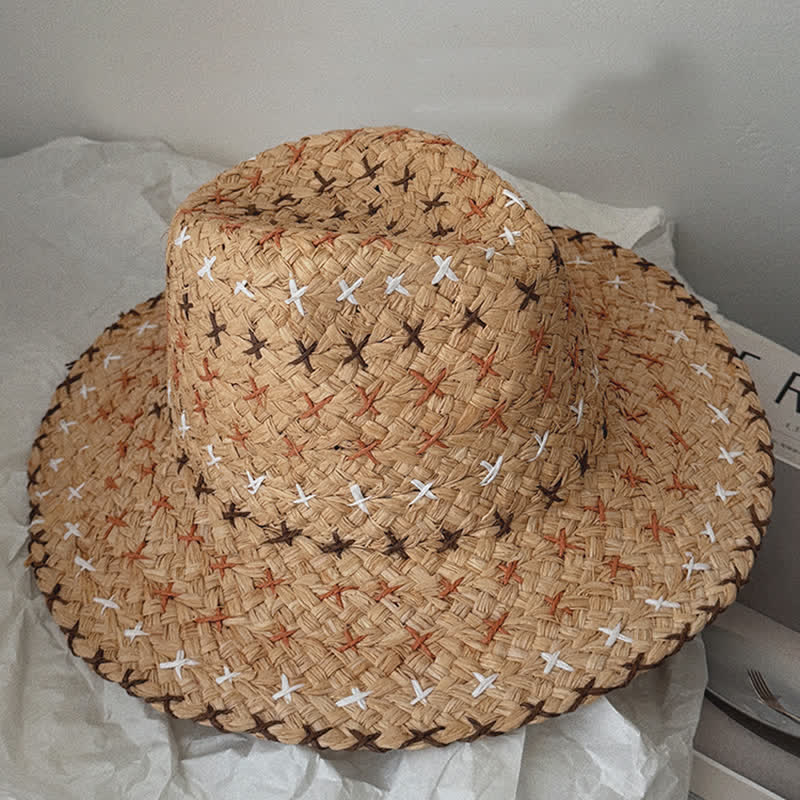 Unisex Breathable Flat Top Large Eaves Straw Fedora Hat - Image 4