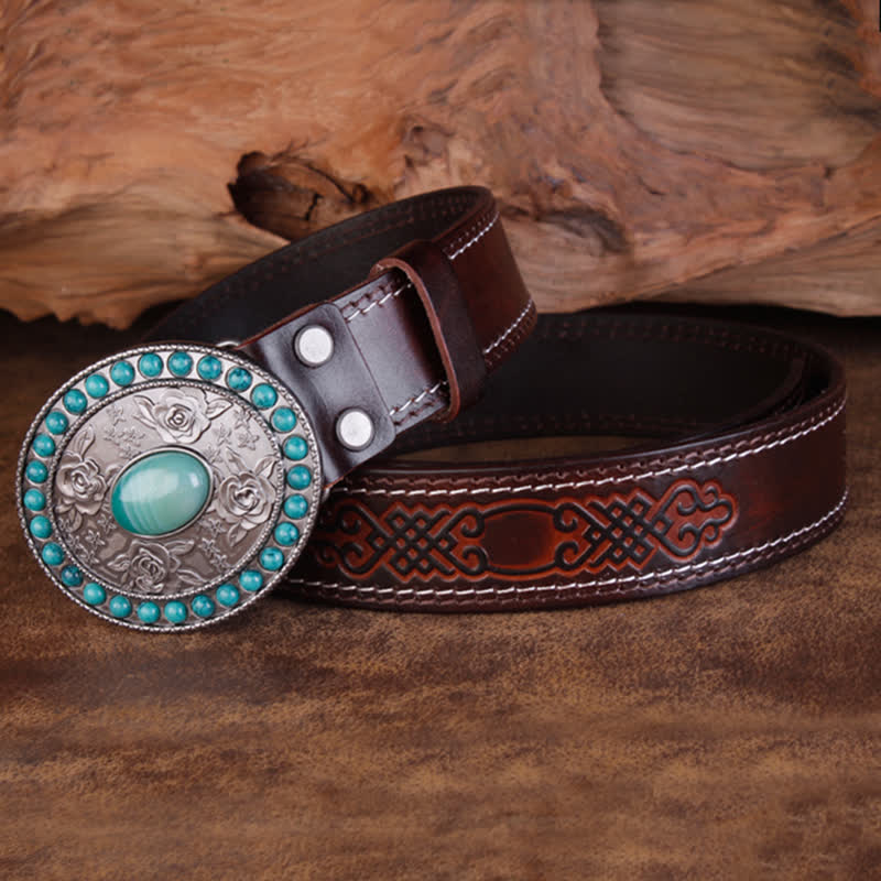 Unisex Carved Rose Turquoise Jade Agate Leather Belt - Image 9