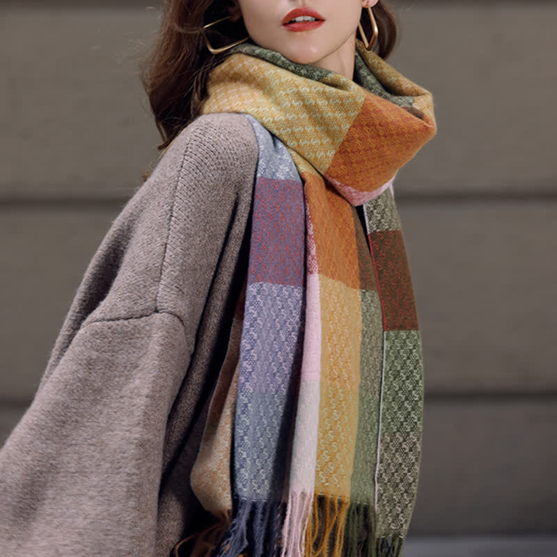 Unisex Contrasting Colors Checked Elegant Fringe Scarf - Image 2