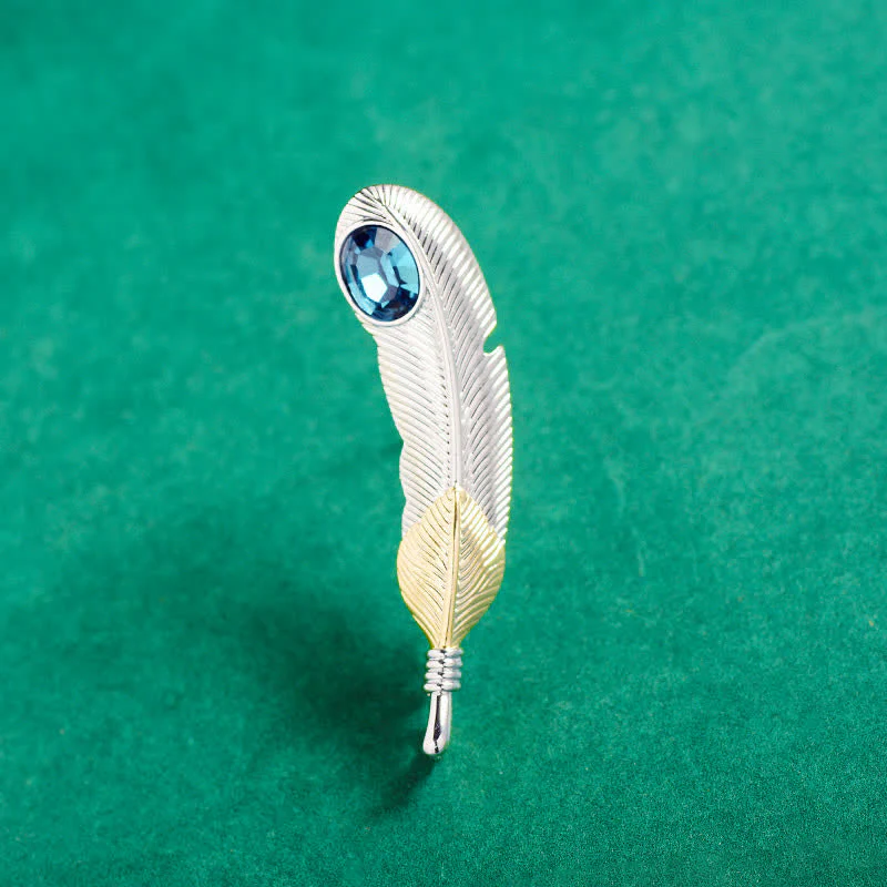 Unisex Faux Blue Crystal Feather Shape Brooch - Image 5