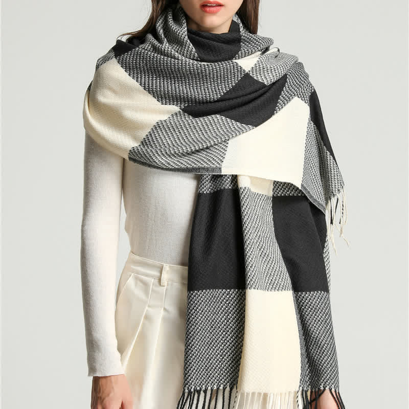 Unisex Fringed Plaid Striped Winter Warm Scarf - Image 5