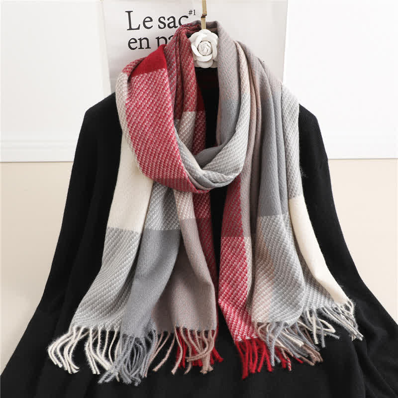 Unisex Fringed Plaid Striped Winter Warm Scarf - Image 8