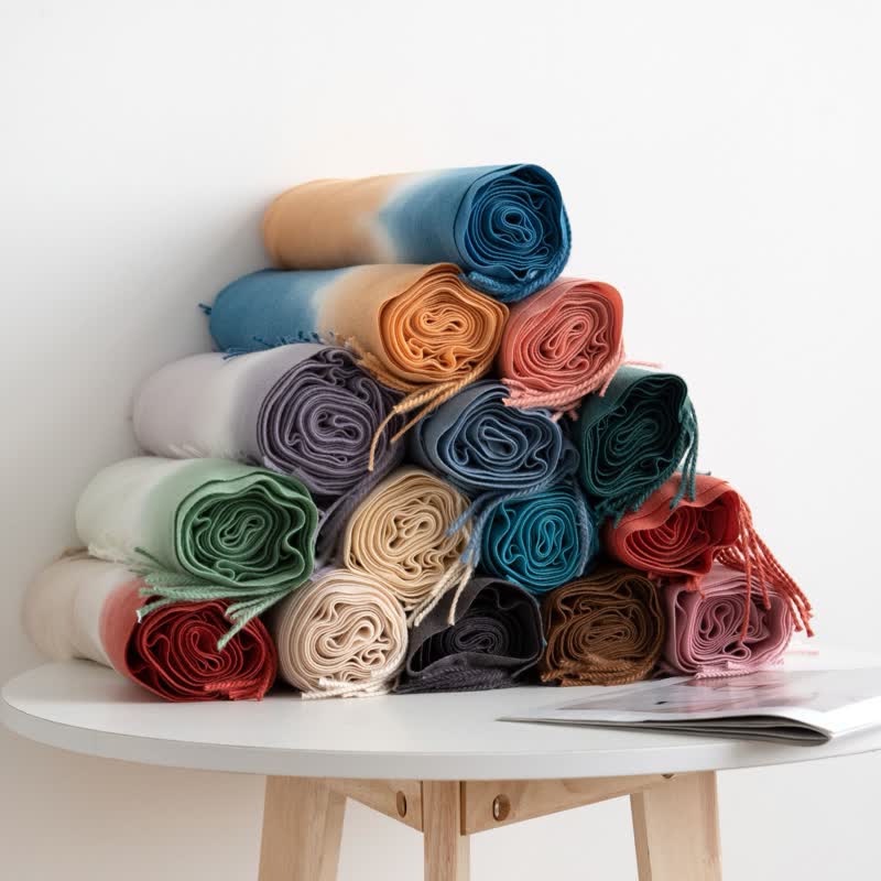 Unisex Gradient Color Fringe Faux Cashmere Scarf - Image 4