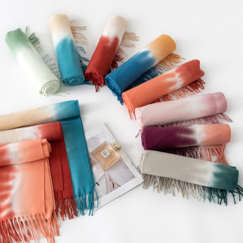 Unisex Gradient Color Fringe Faux Cashmere Scarf - Image 5