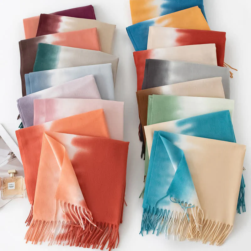 Unisex Gradient Color Fringe Faux Cashmere Scarf - Image 6