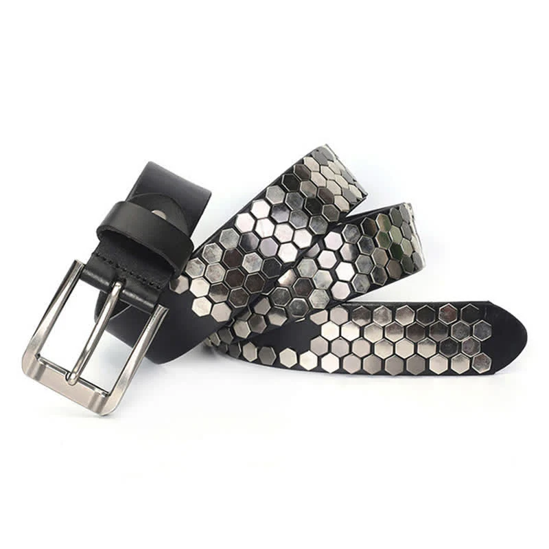 Unisex Hexagonal Rivet Studded Leather Belt - Image 7