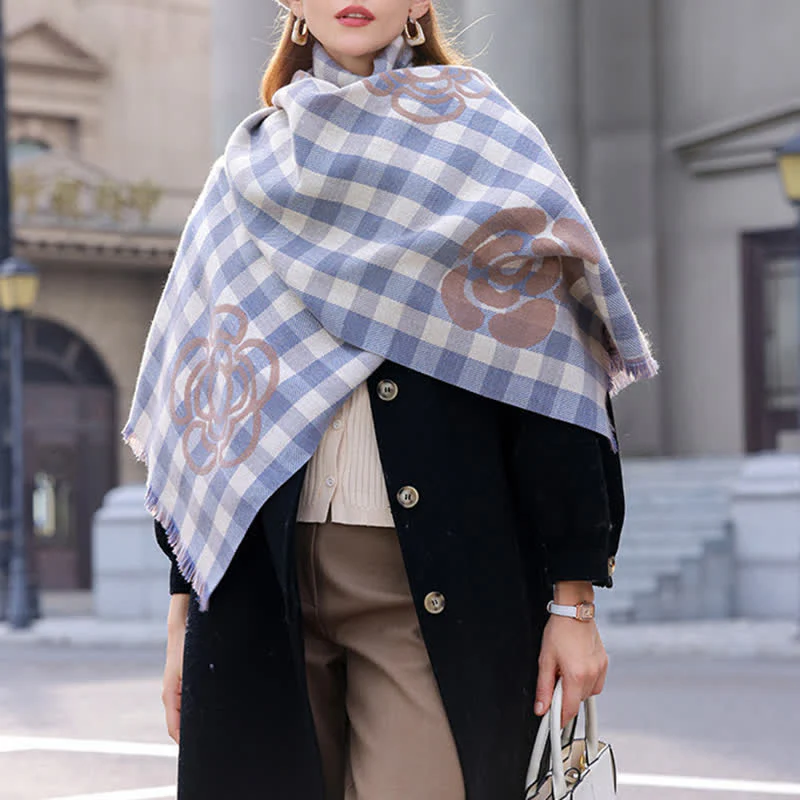 Unisex Large Flower Print Checked Tassel Trim Scarf - Image 2