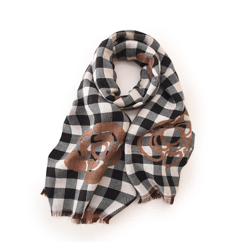 Unisex Large Flower Print Checked Tassel Trim Scarf - Image 6
